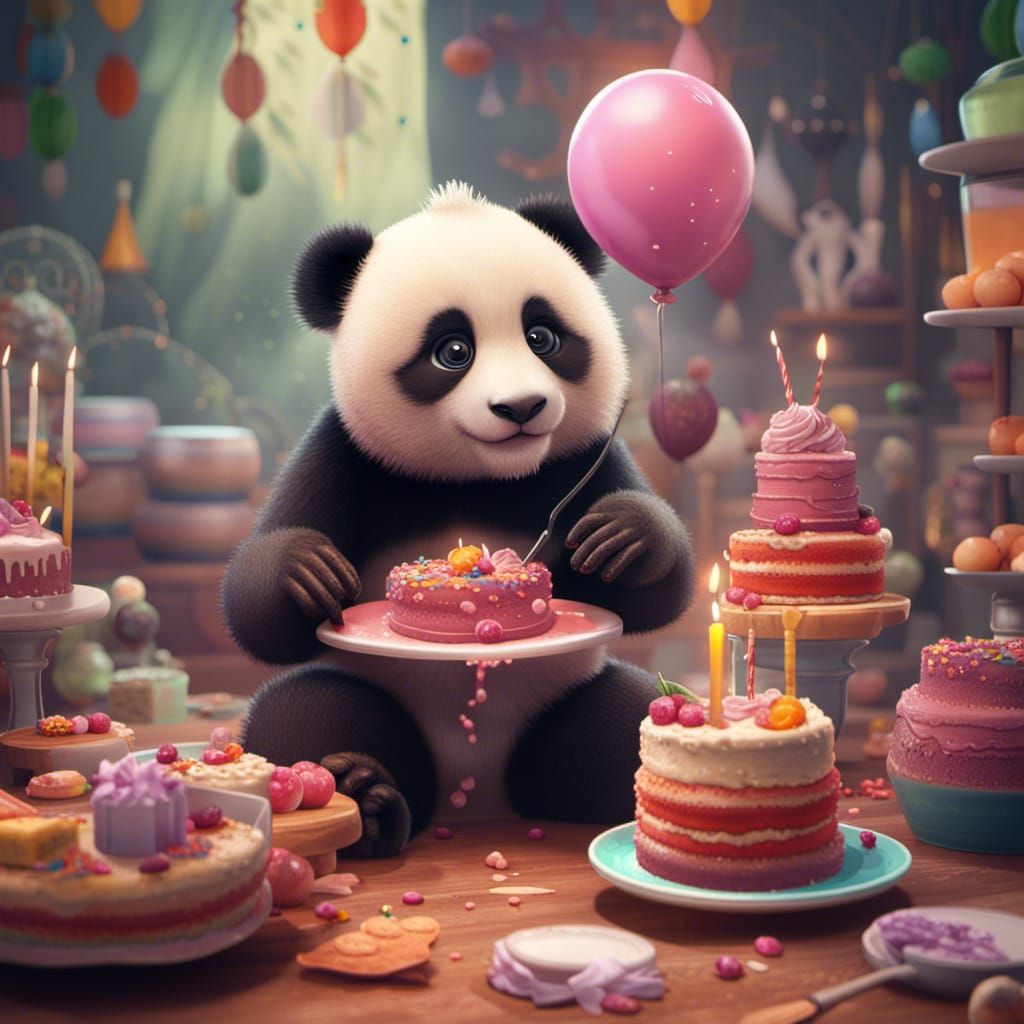 Panda Cub Birthday Cakes: Detailed Matte Painting
