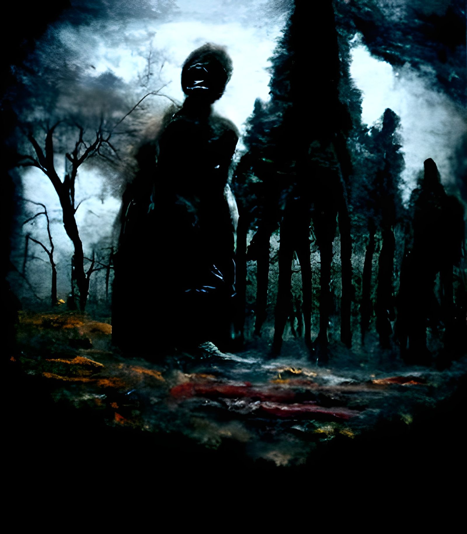 Creepy Dark Forest with Lost Soul Silhouette