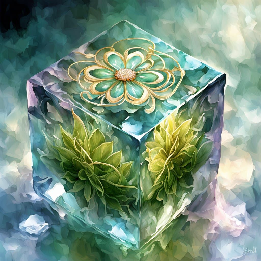 Ice Flower Blooms on Geometric Cube in Watercolor Style