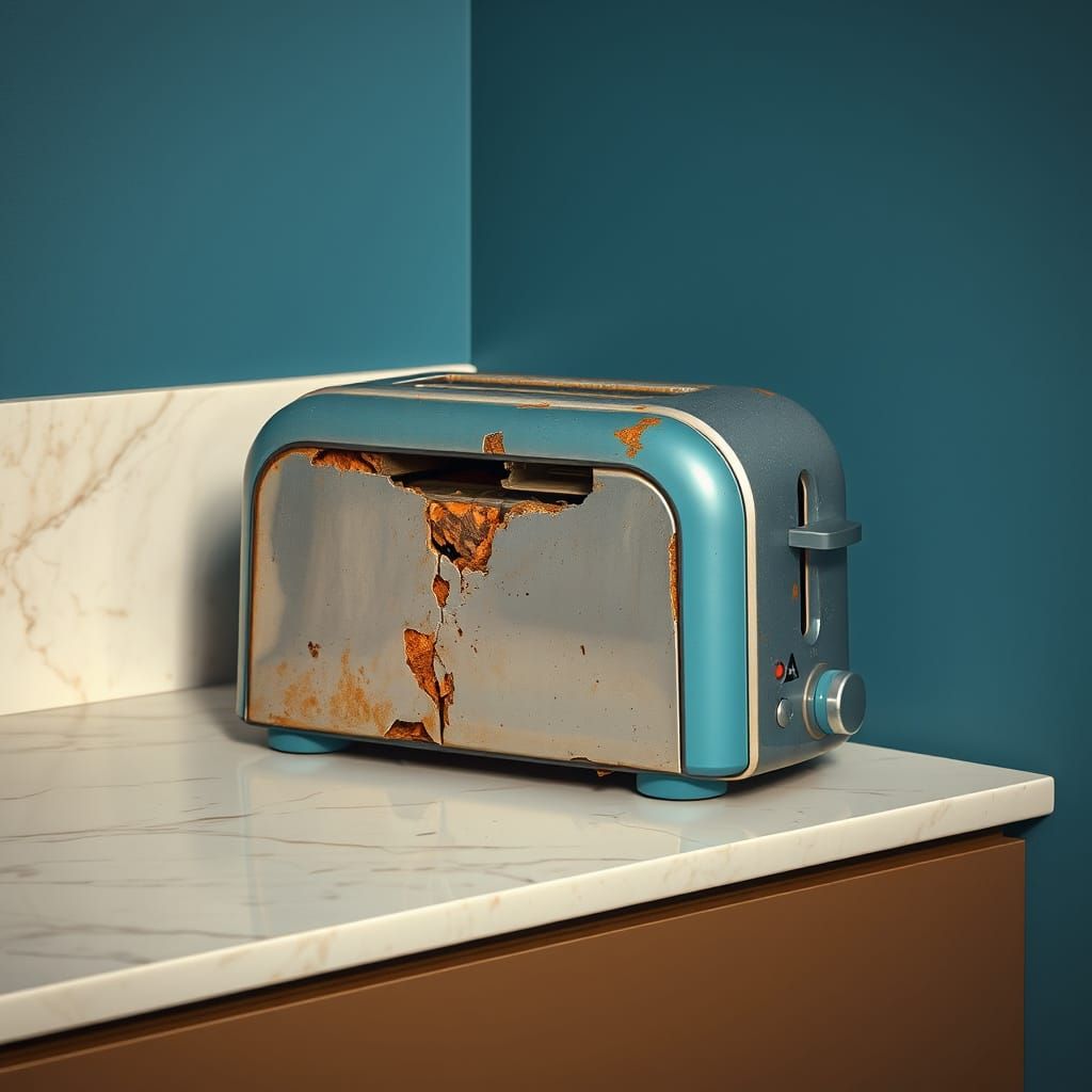 Rusted Retro Silver and Blue Toaster on Marble Kitchen Count...