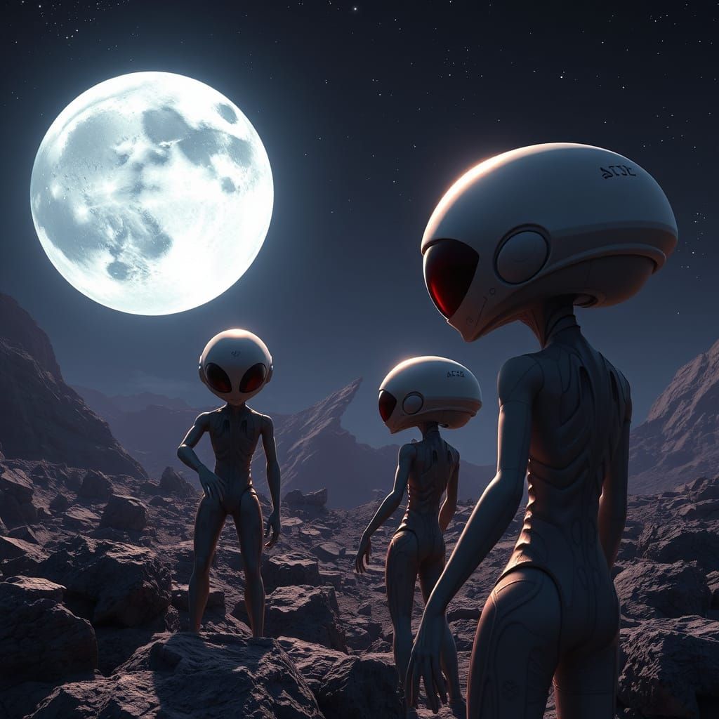 Anime Aliens Gazing at the Moon in 3D Art