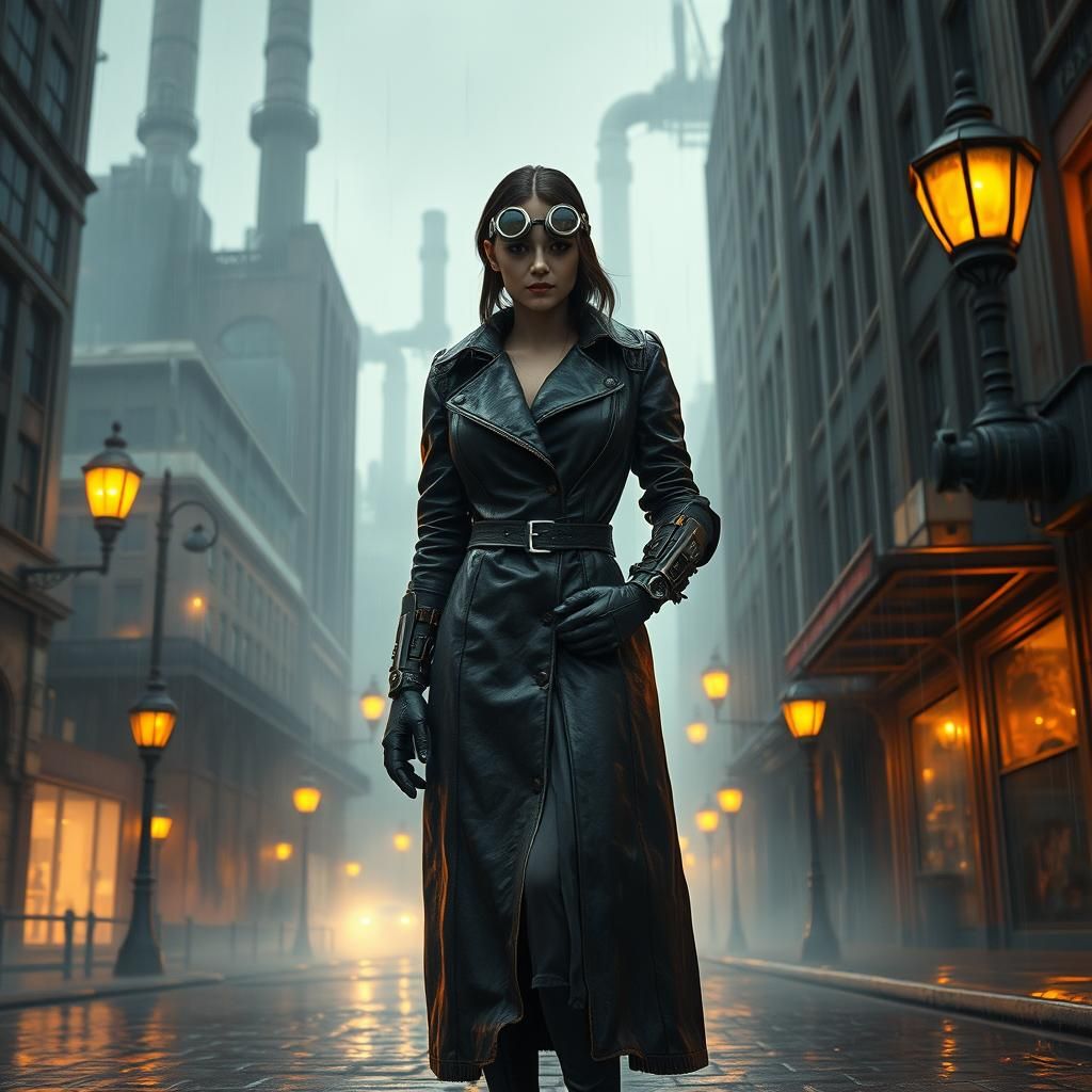 Steampunk Heroine in Rainy City, Unreal Engine