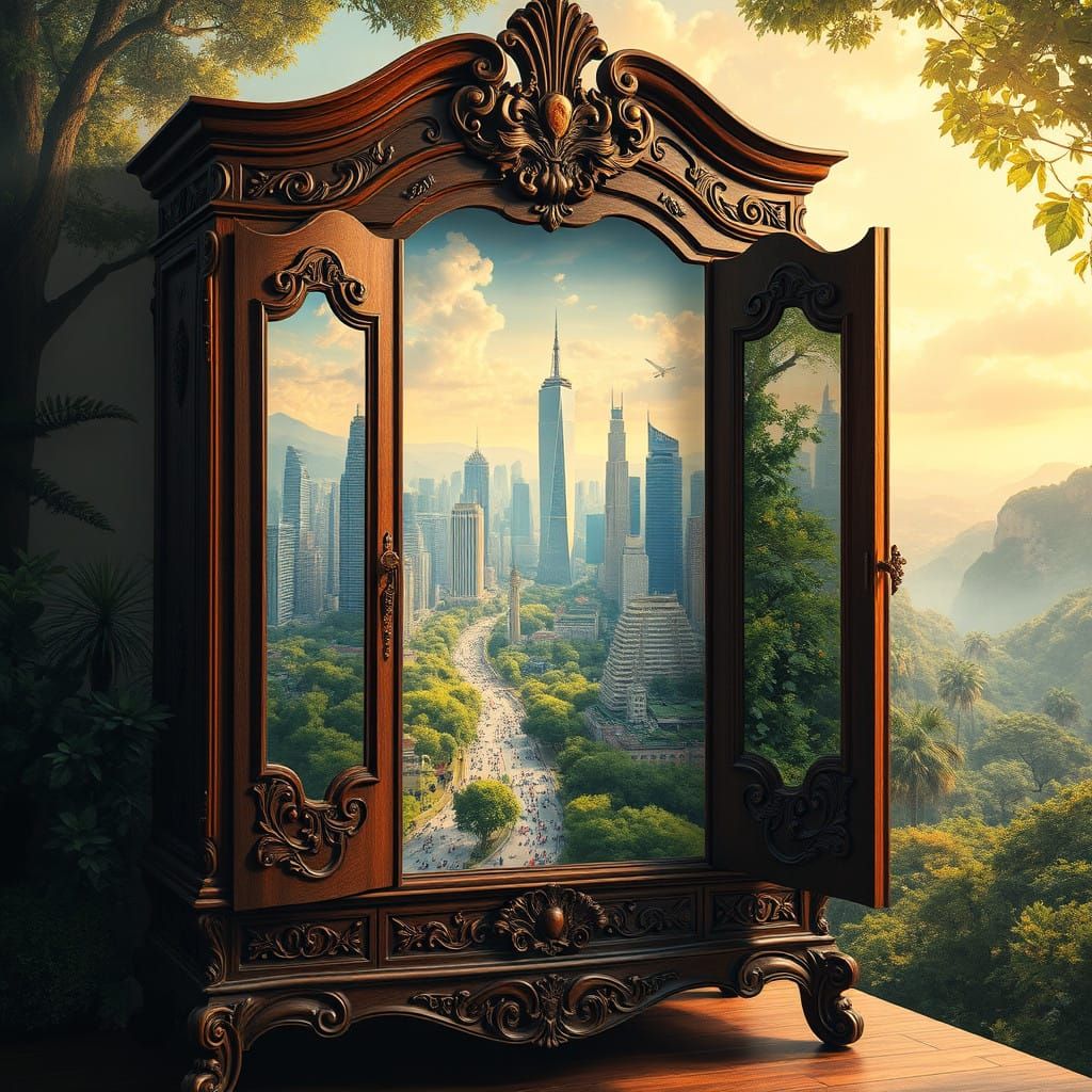 Intricately Carved Antique Armoire Reveals Modern Cityscape