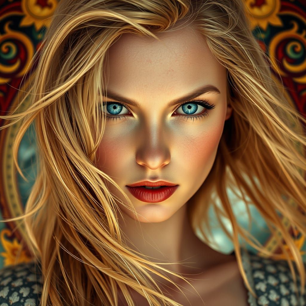 Ethereal Art Nouveau Beauty with Piercing Blue Eyes