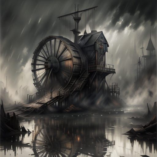 Film Noir Water Wheel Scene with Dramatic Lighting