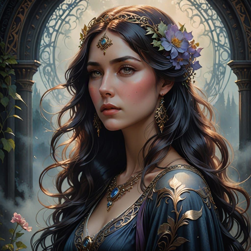 Dreamy Art Nouveau Portrait in Soft Watercolor Style