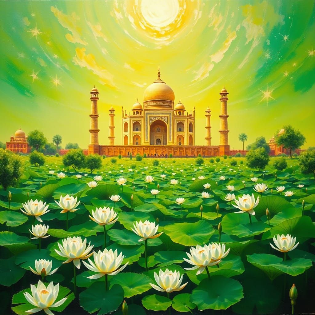 Taj Mahal in a Vibrant Green Swamp Scene
