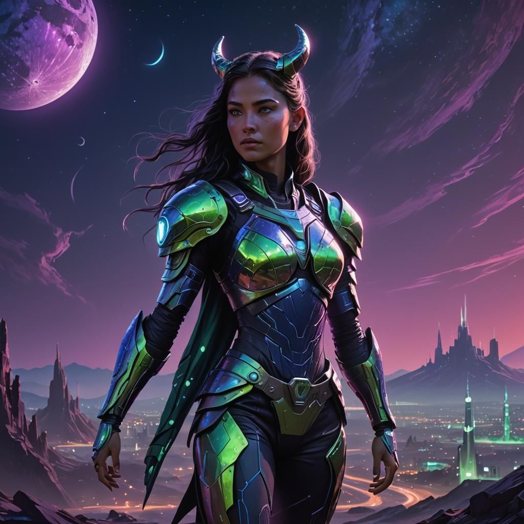 Futuristic Goddess Huntress in Neon Moonscape: Cinematic Art