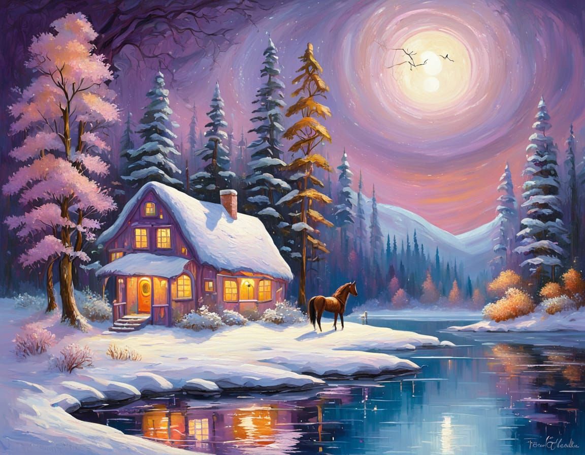 Mystical Moonlit Cottage by Serene Lake: Fine Art Oil Painti...