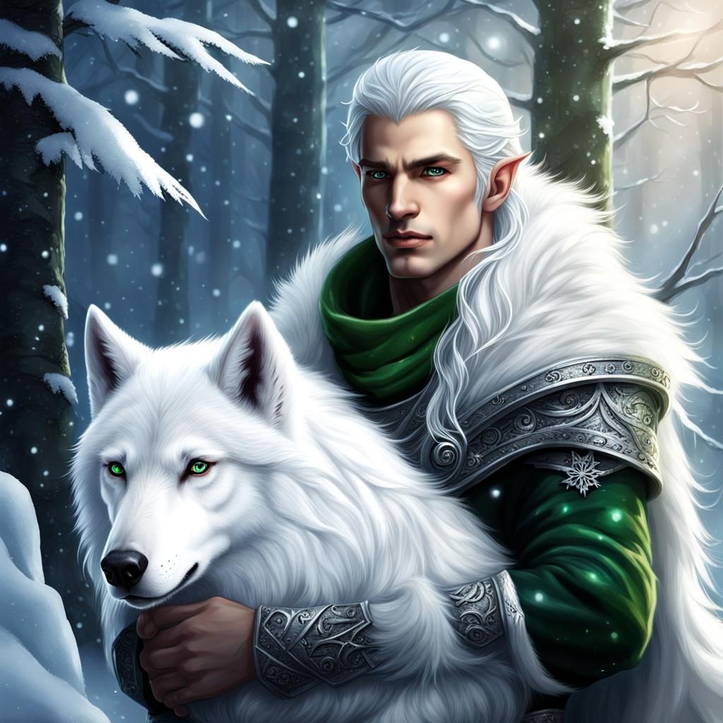 Snow Elf and Christmas Wolf in Snowy Forest