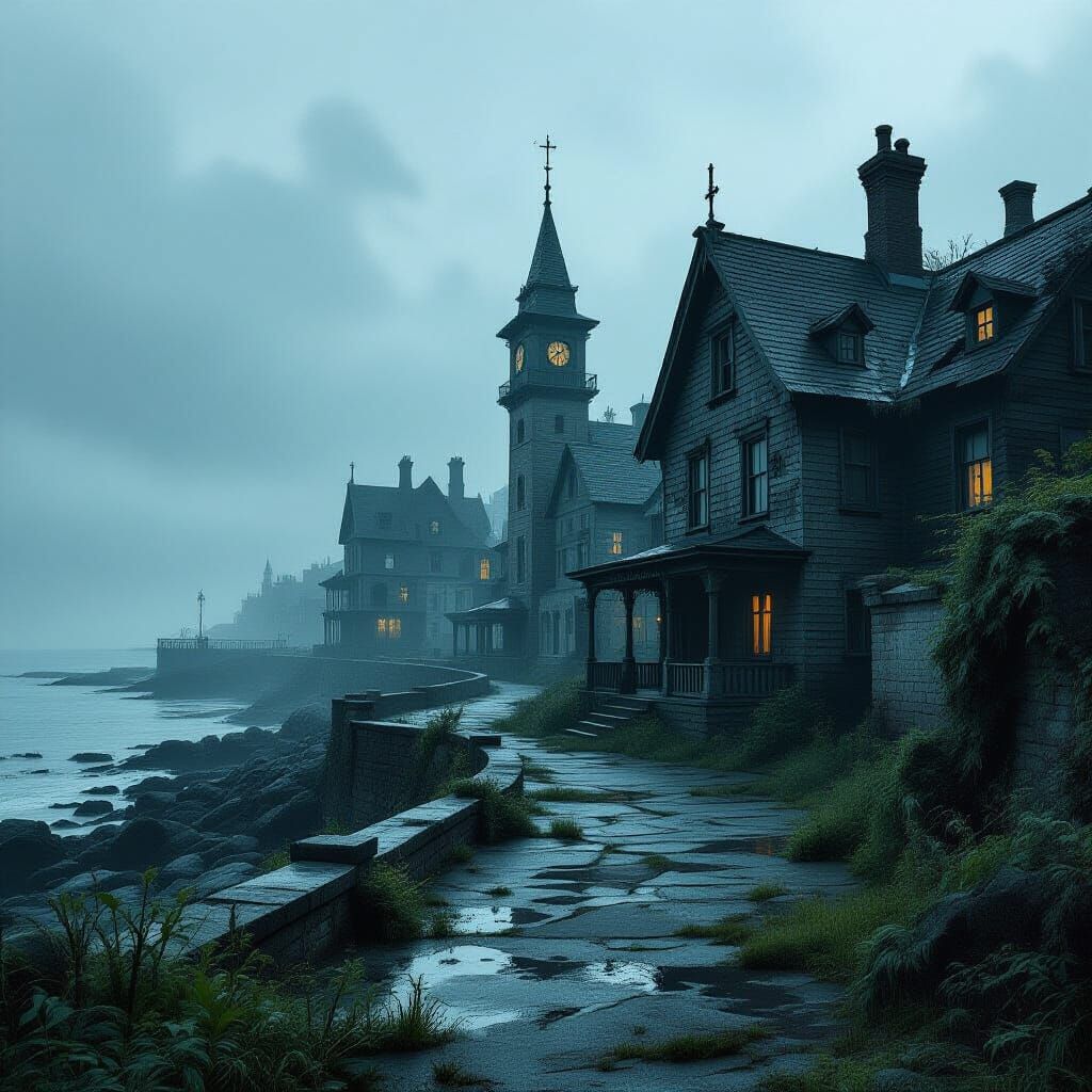 Eerie Decaying Seaside Town in Digital Matte Painting Style