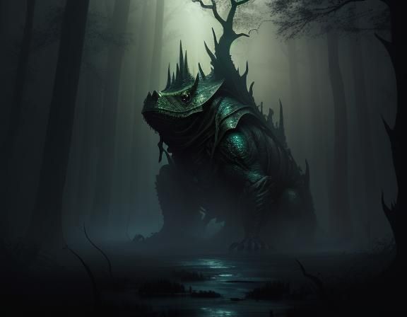 Bullywug in Misty Swamp: Dark Fantasy Art