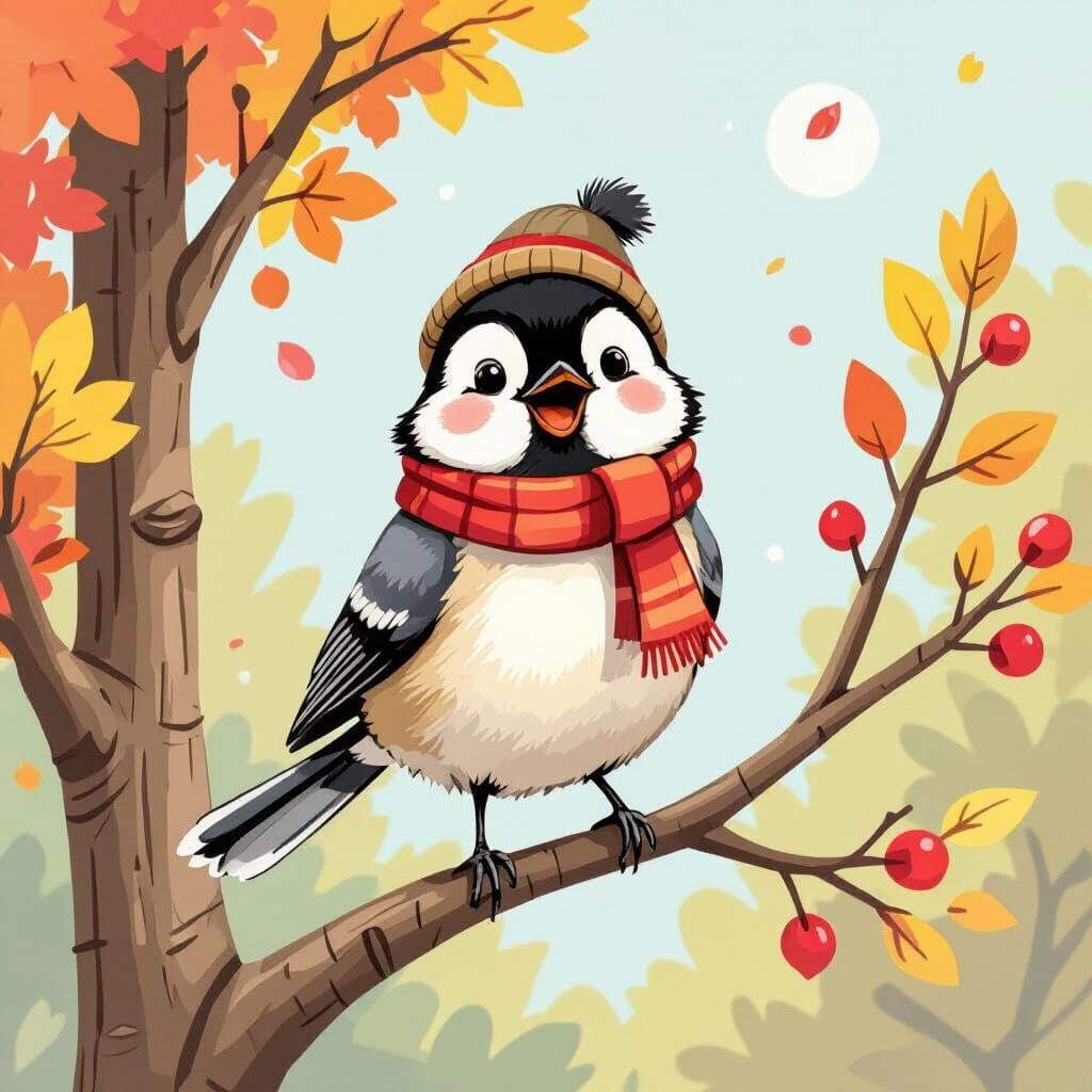 Cartoon Chickadee Singing in Tree, Whimsical Art Style