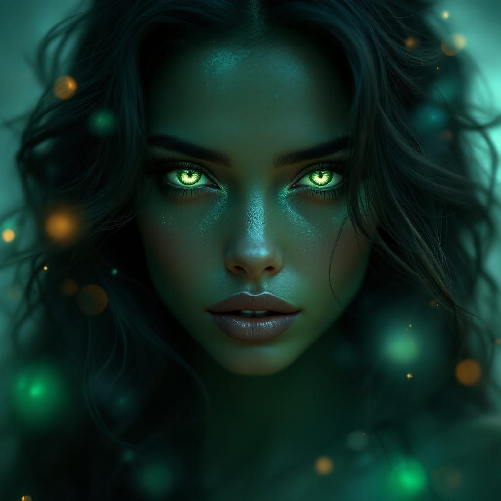 Ethereal Emerald Portrait in a Mystical Landscape