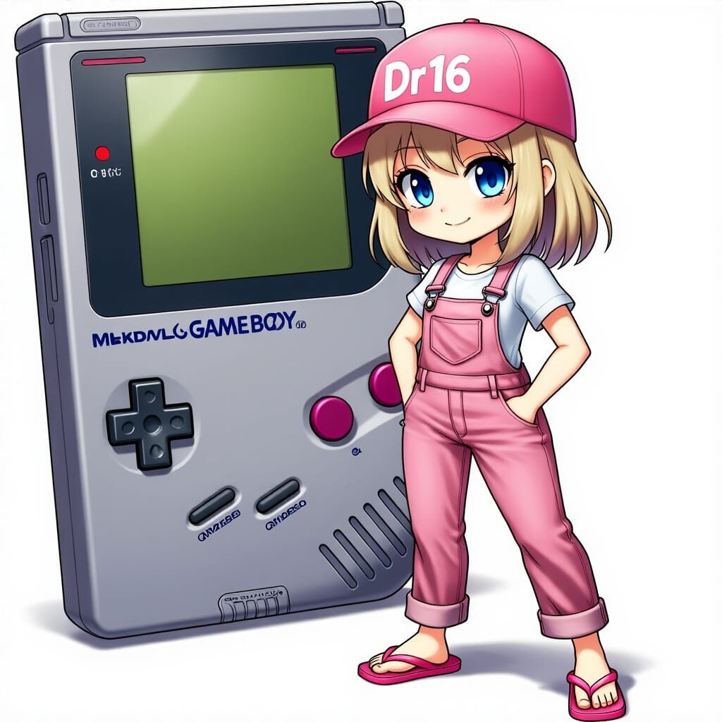 Miniature Girl Next to Giant Gameboy, Anime Style