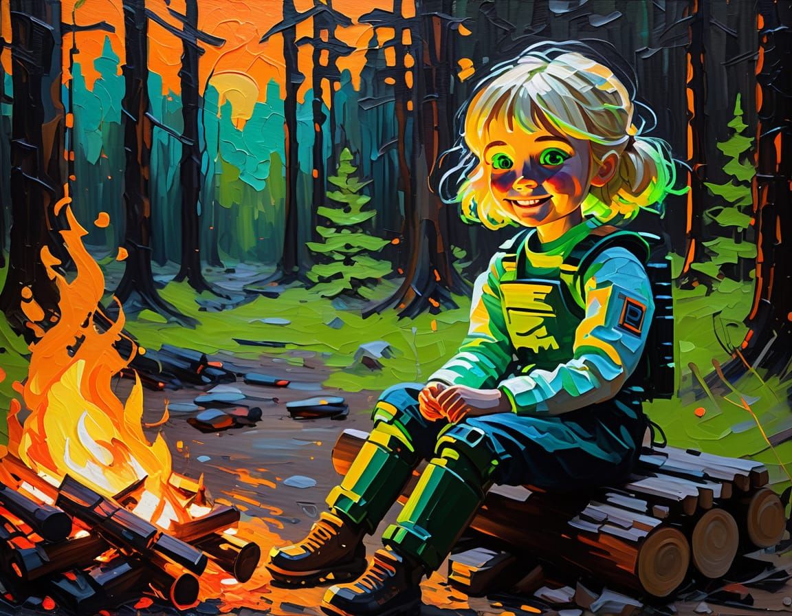 Robot and Girl Campfire Scene as Impasto Painting