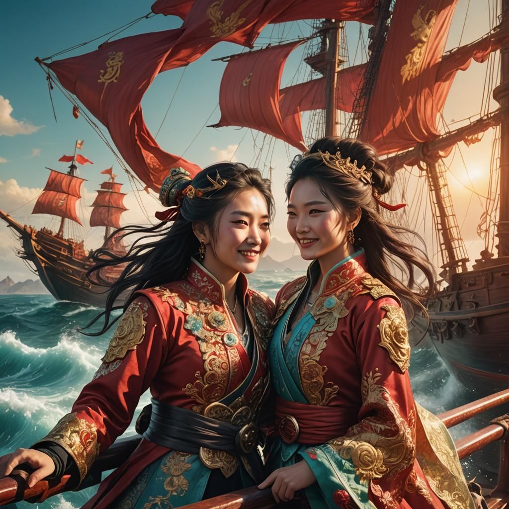 Chinese Pirates Embrace on Ancient Sailing Ship