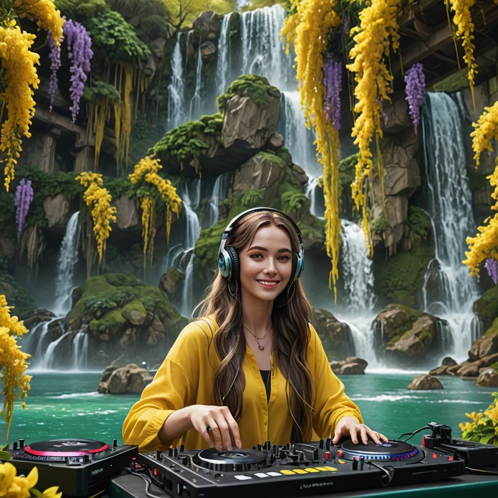 Beautiful DJ Mixing Music near Emerald Waterfall