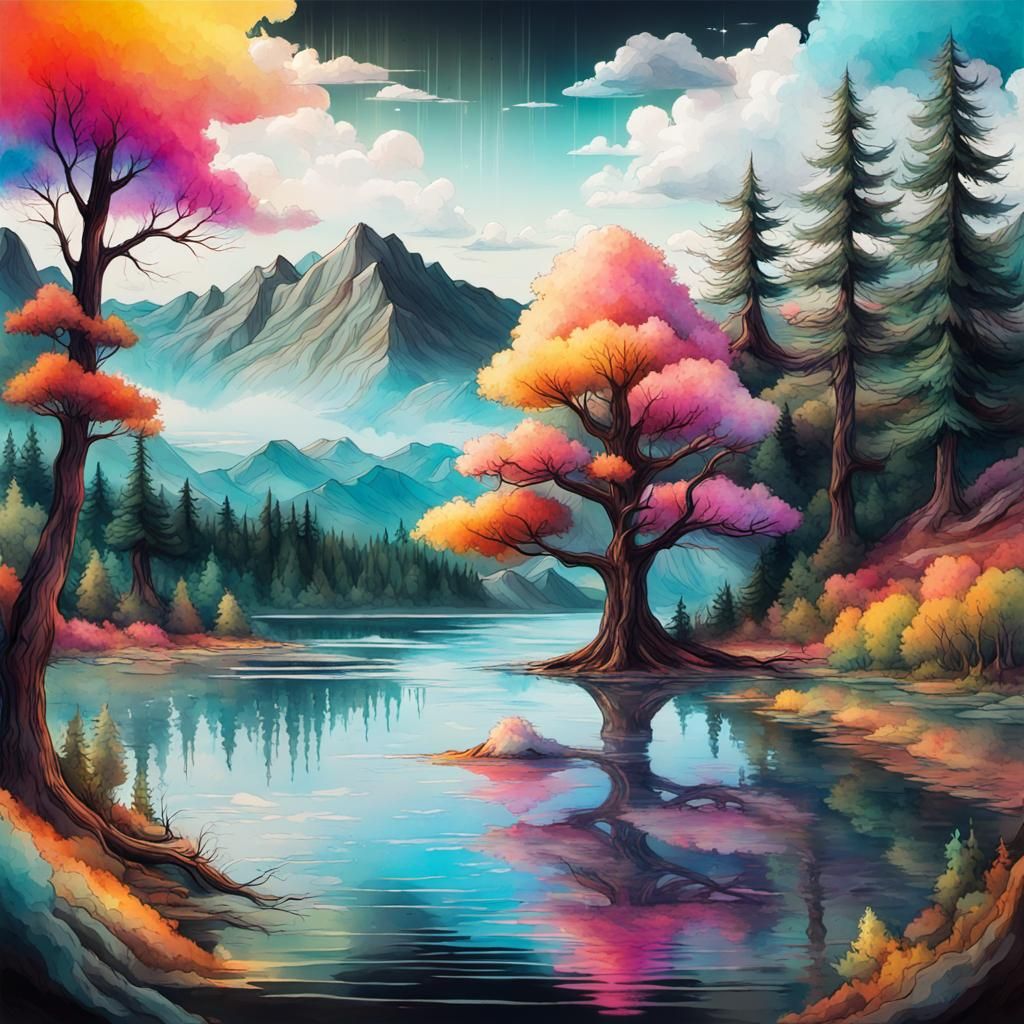 Hyperrealistic Tree Amidst Forest Landscape in Splash Art