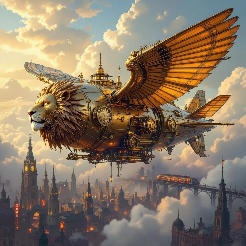 Steampunk Lion Airship Soaring Over Victorian City