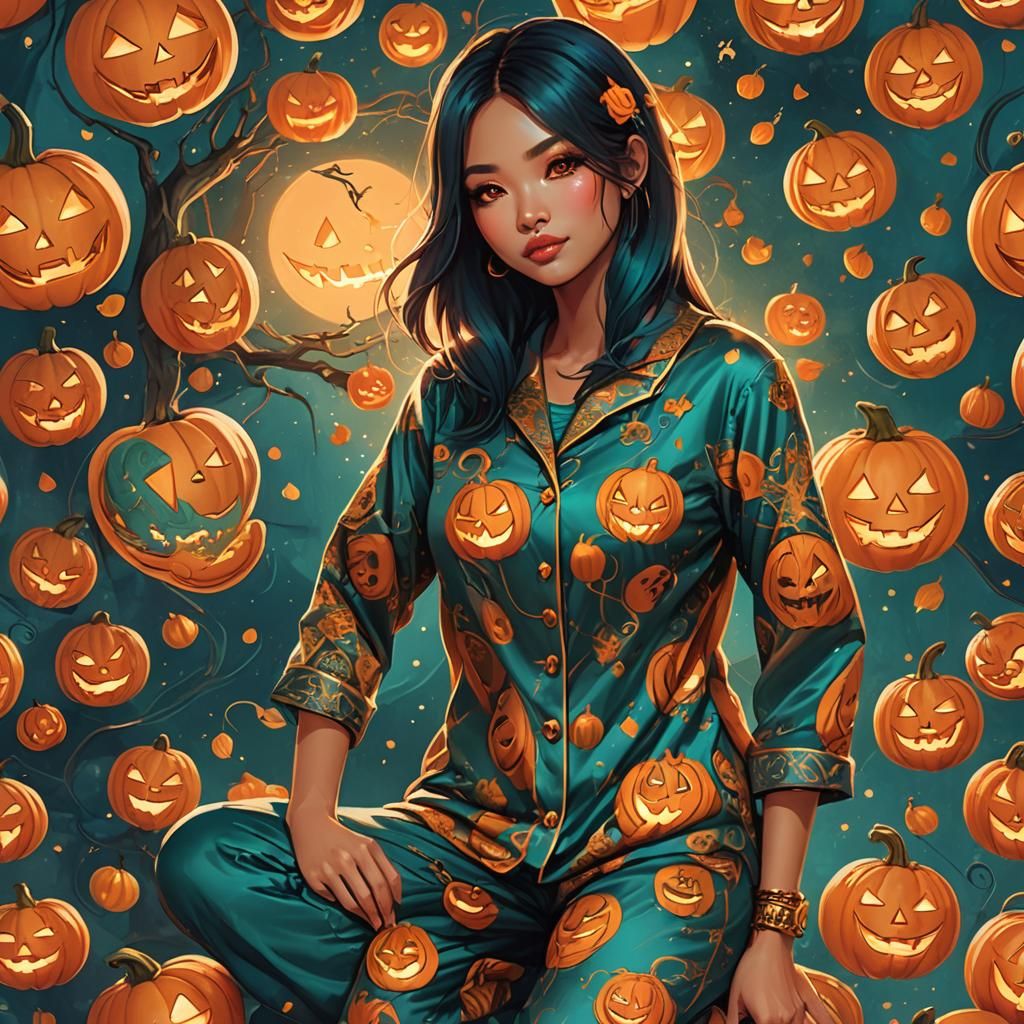 Thai Woman Models Jack O'Lantern Pajamas