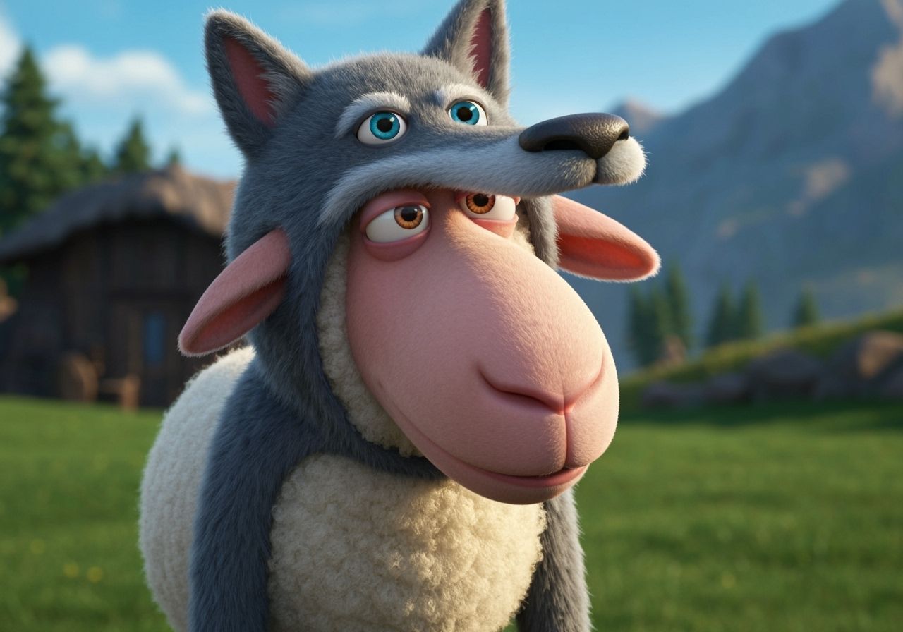 Sheep in Wolf Costume, Photorealistic Cinematic Shot