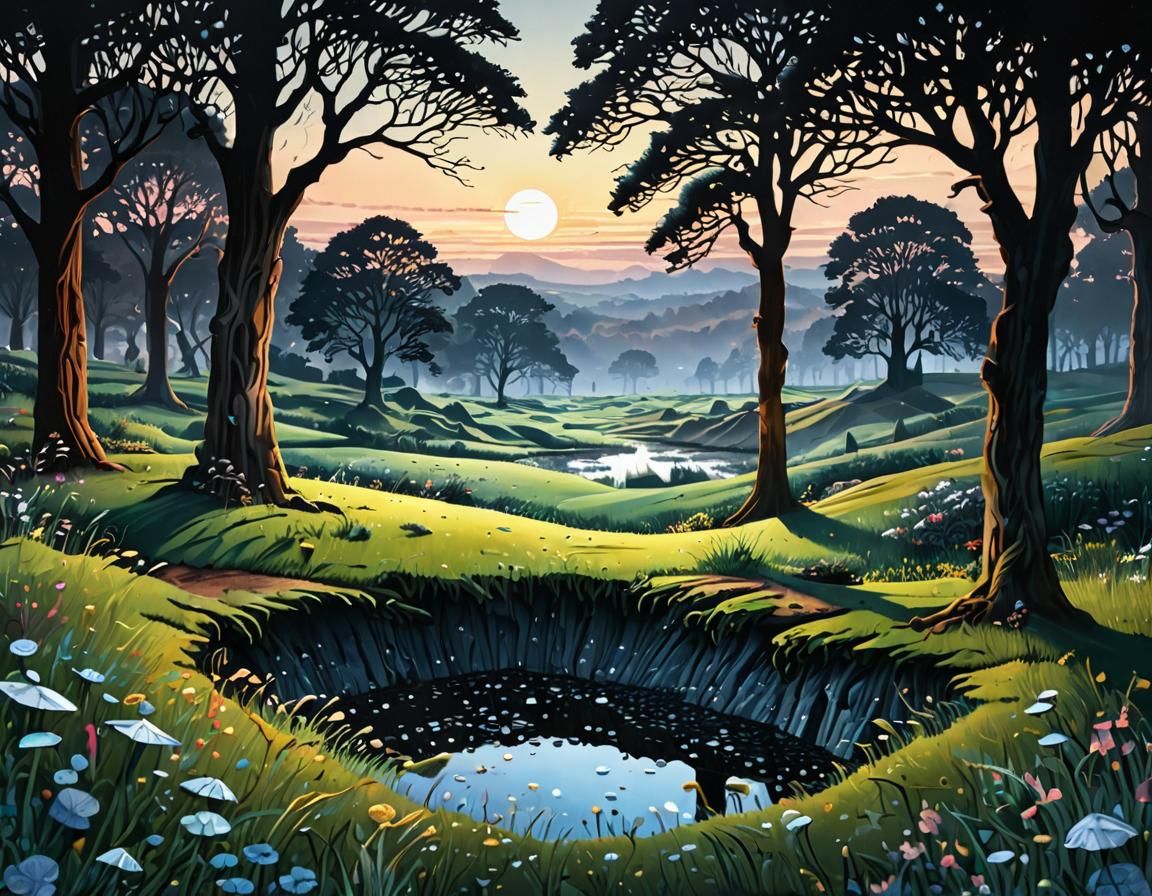 Ancient Well in Moody Oil Painting with Dew Drops