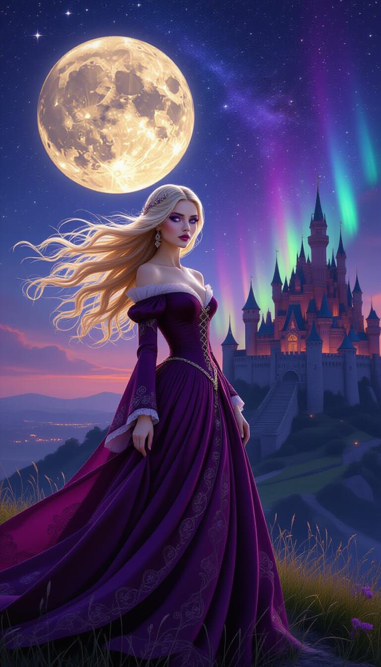 Medieval Maiden Under Full Moon in Starry Night Sky