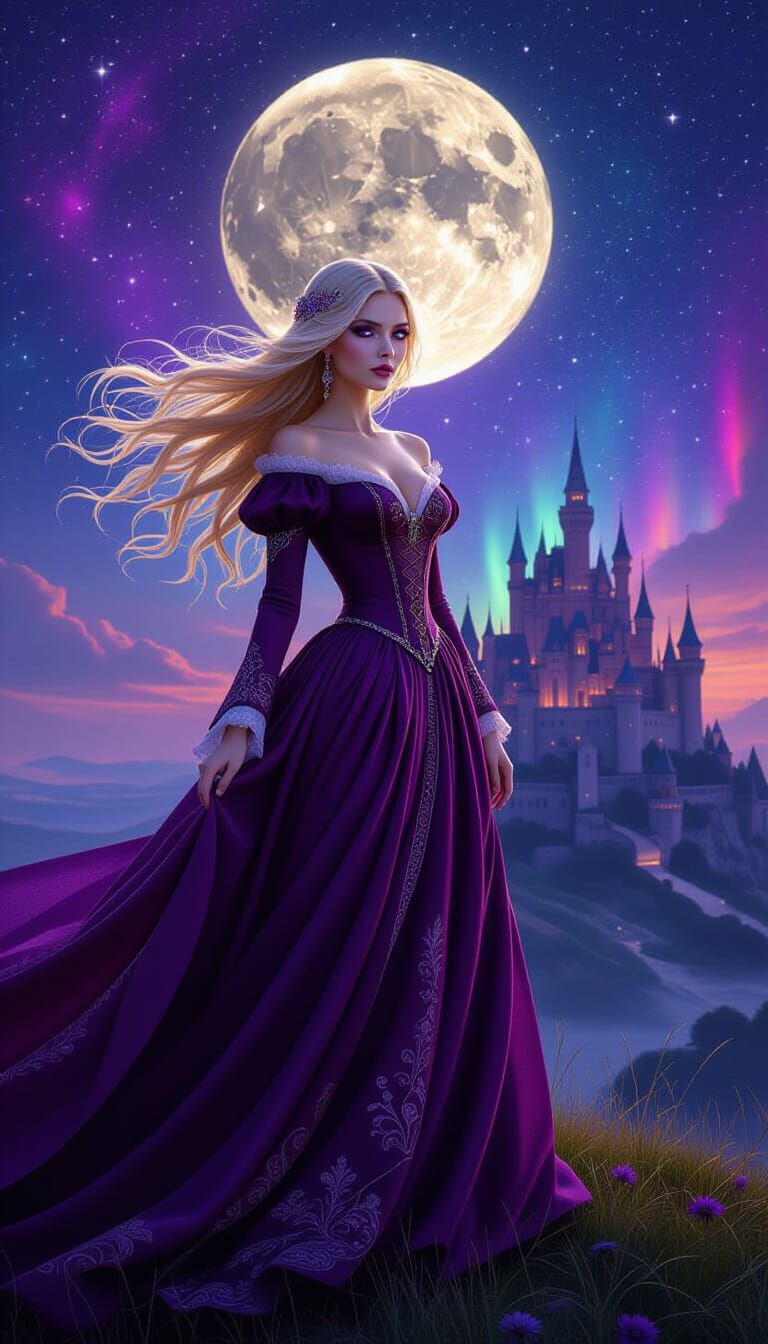 Opulent Medieval Maiden Under Full Moon