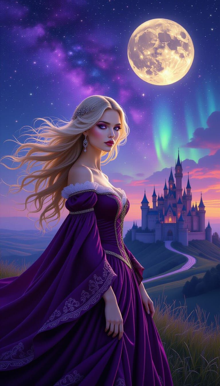 Medieval Maiden with Flowing Hair Under Full Moon