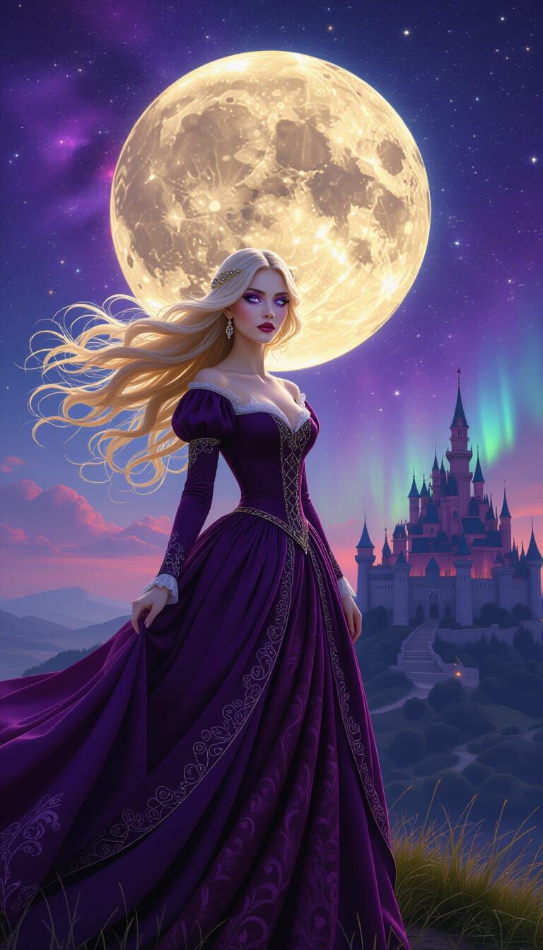 Medieval Maiden with Flowing Hair Under Full Moon