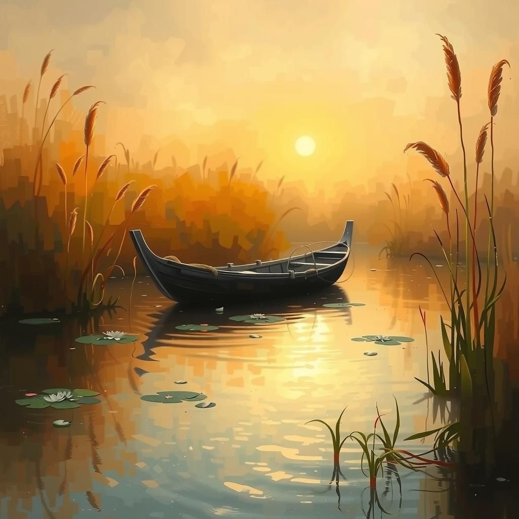 une barque sur un étang maraicageux  avec des roseaux warm c...