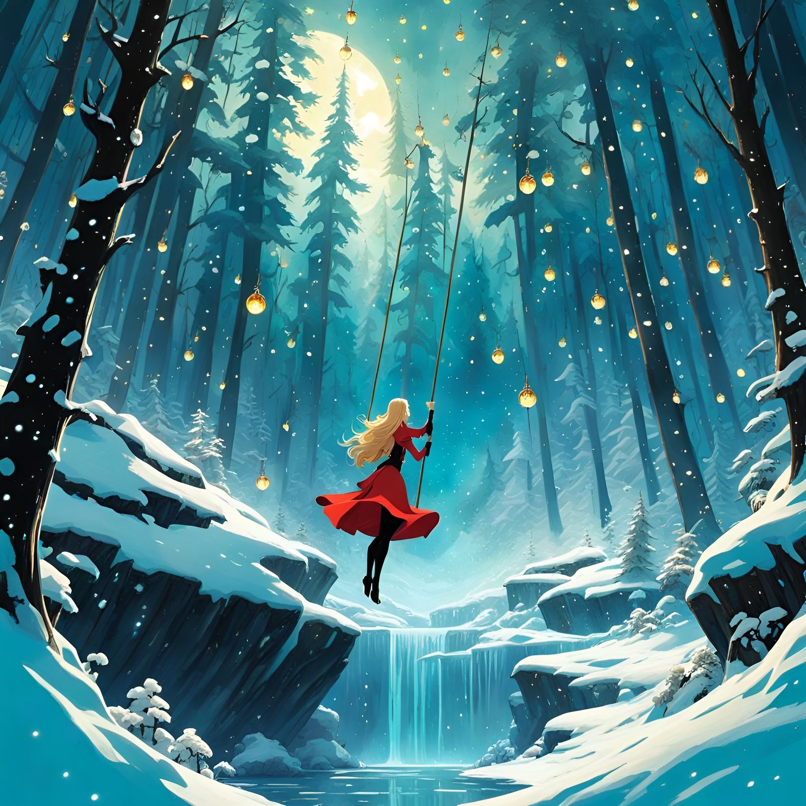 Fantasy Snowscape: Swinging Girl in Digital Art