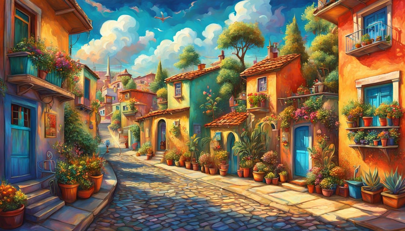 Vivid Summer Village Street with Mural Art