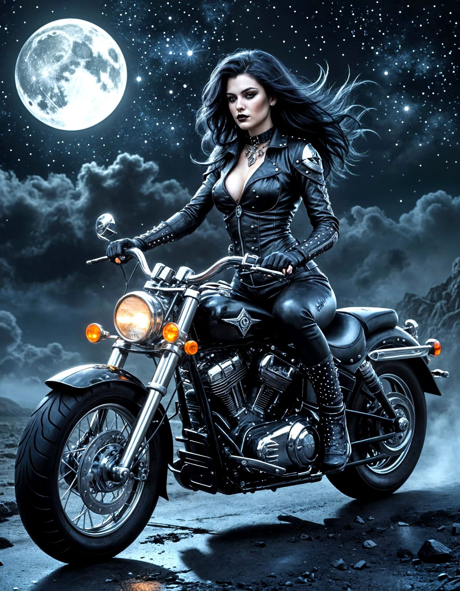 Gothic Witch Rides Harley Under Starry Sky