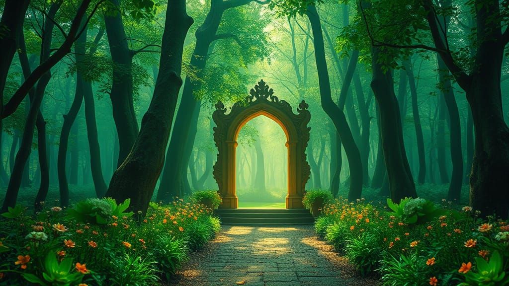 Mystical Red-Green Pomegranate Portal in Enchanted Forest