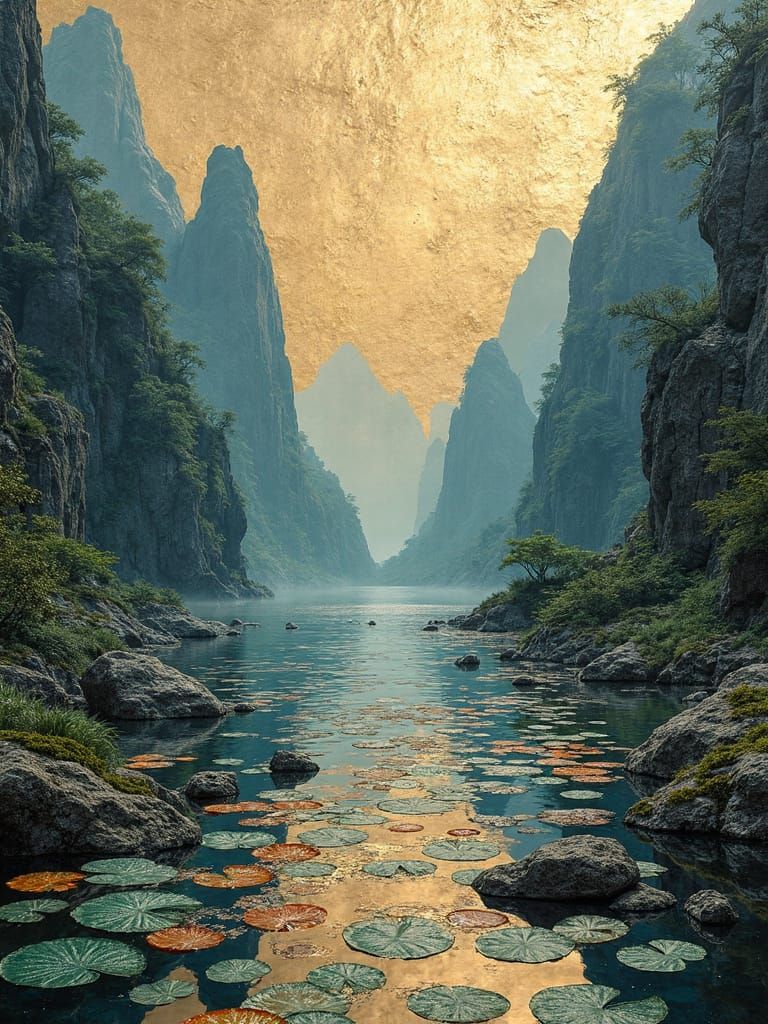 Boat Between Mountains in Alcohol Ink Style