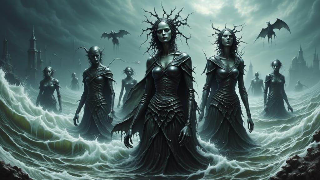 Fearful Sea People by the Turbulent Shore