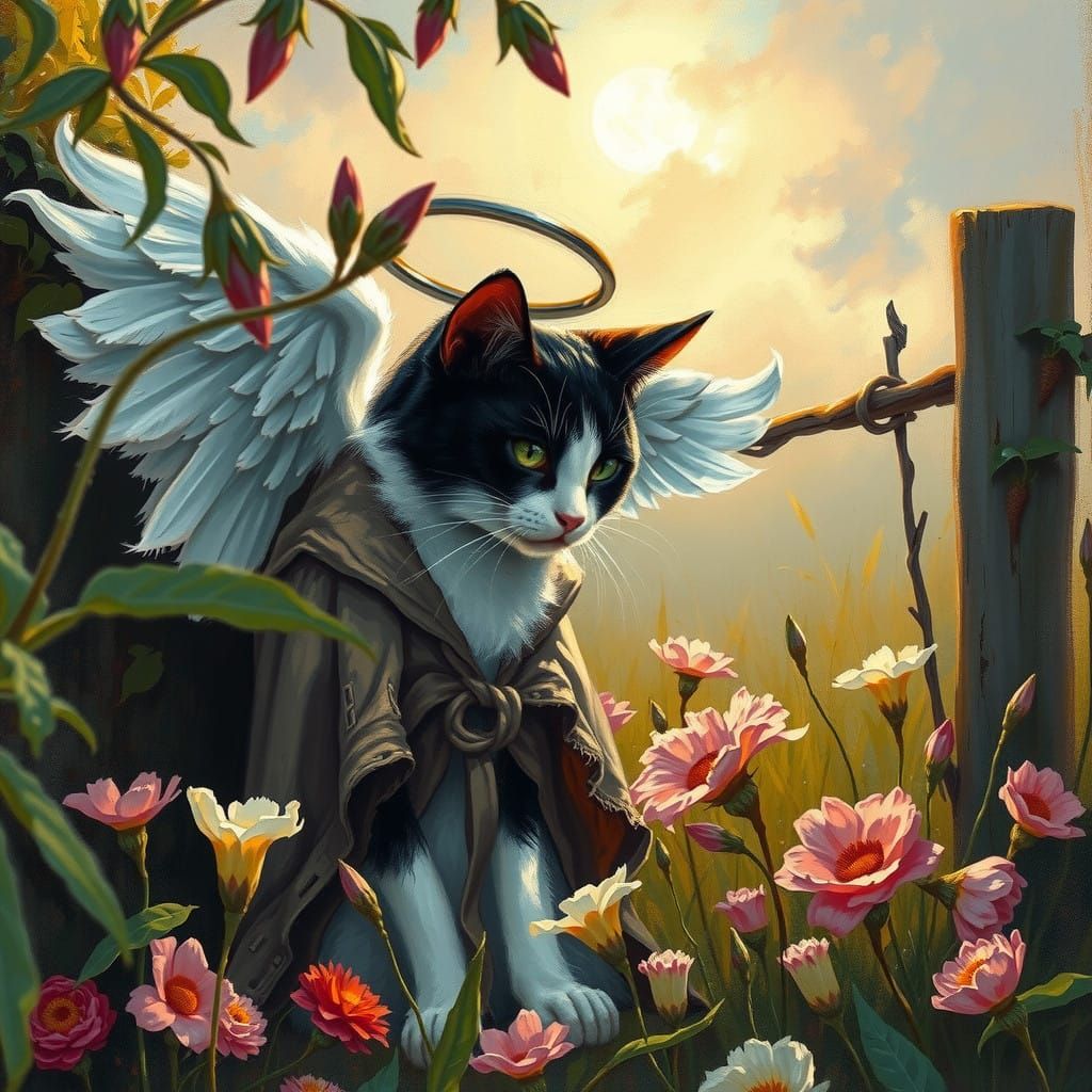 Black Cat Fallen Angel in a Whimsical Impressionist Landscap...