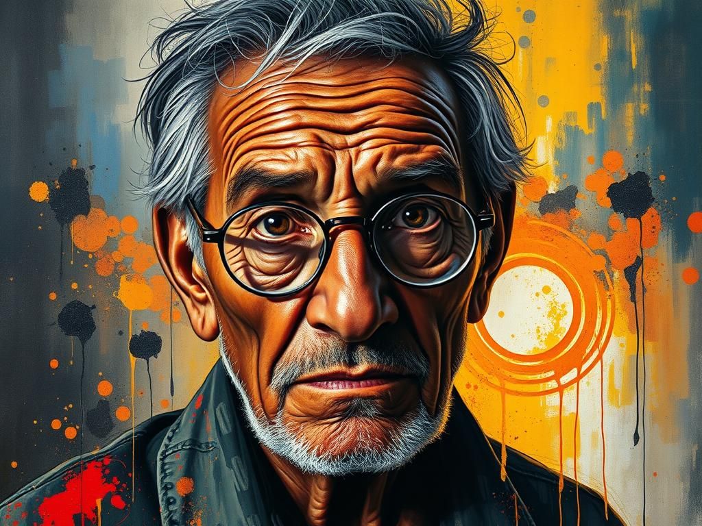 1 Australian Indigenous man,  half body, very old and wrinkled but classy, wearing round glasses slightly on her nose, b...