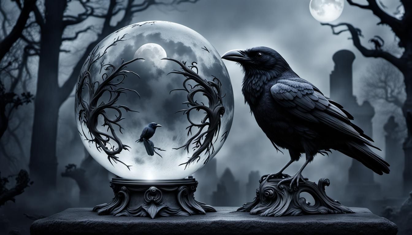 Raven in Glass Sphere: Tim Burton-esque Cemetery Scene