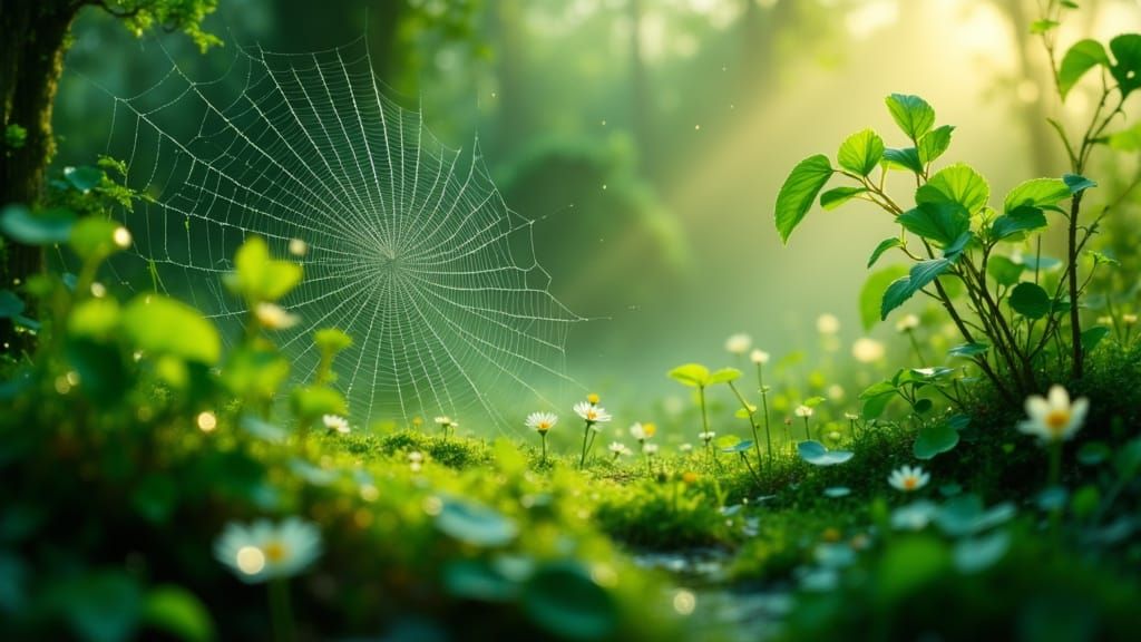 Dew-Kissed Spiderweb in Ethereal Light