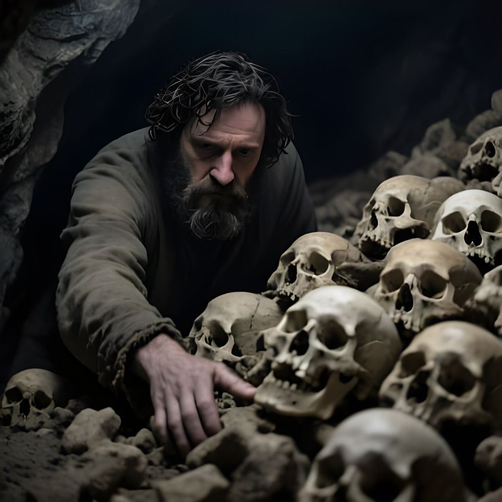 Rugged Man Reaches Into Pile of Ancient Skulls