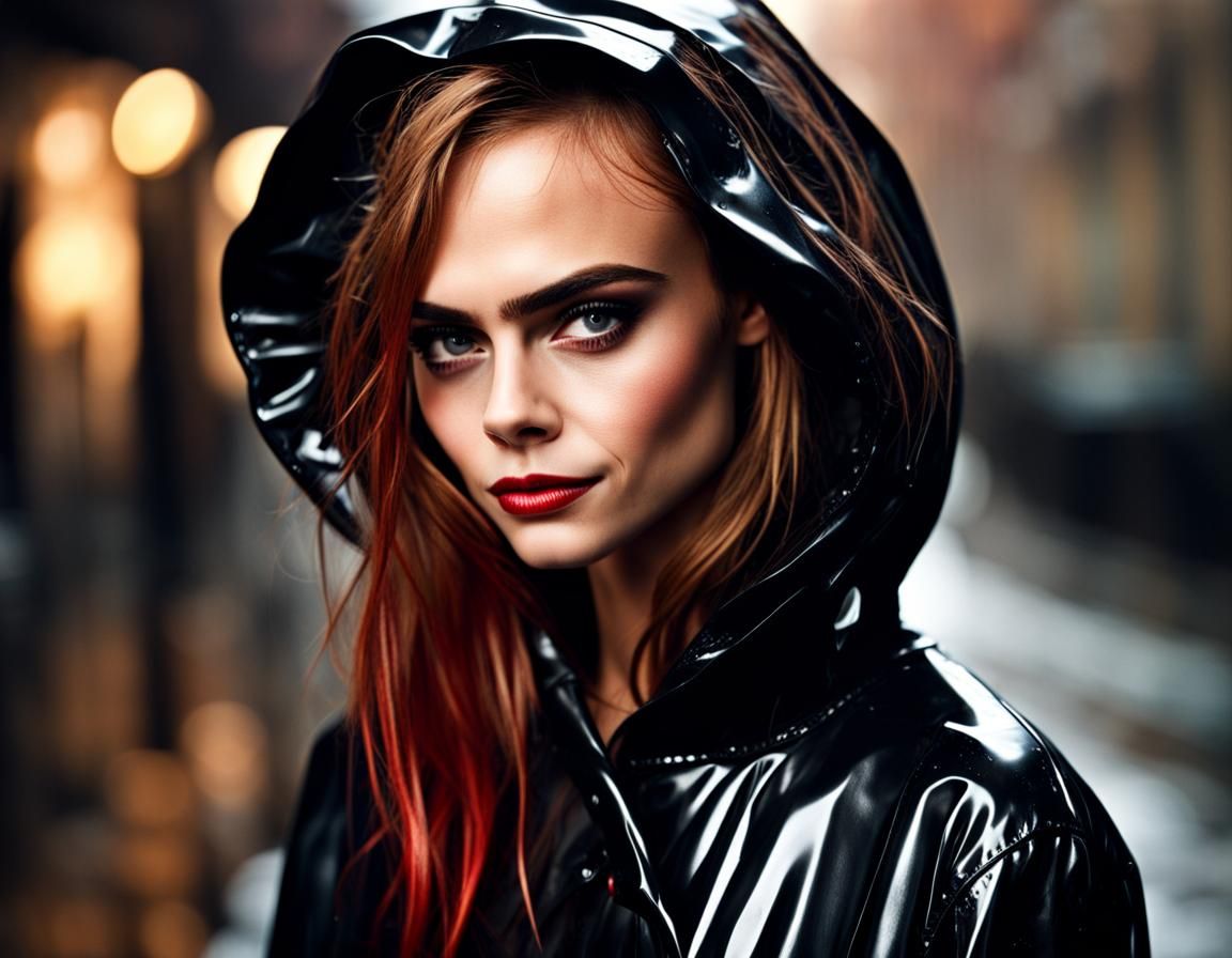 Cara Delevingne in Glossy PVC Raincoat, Ultra Realistic Phot...