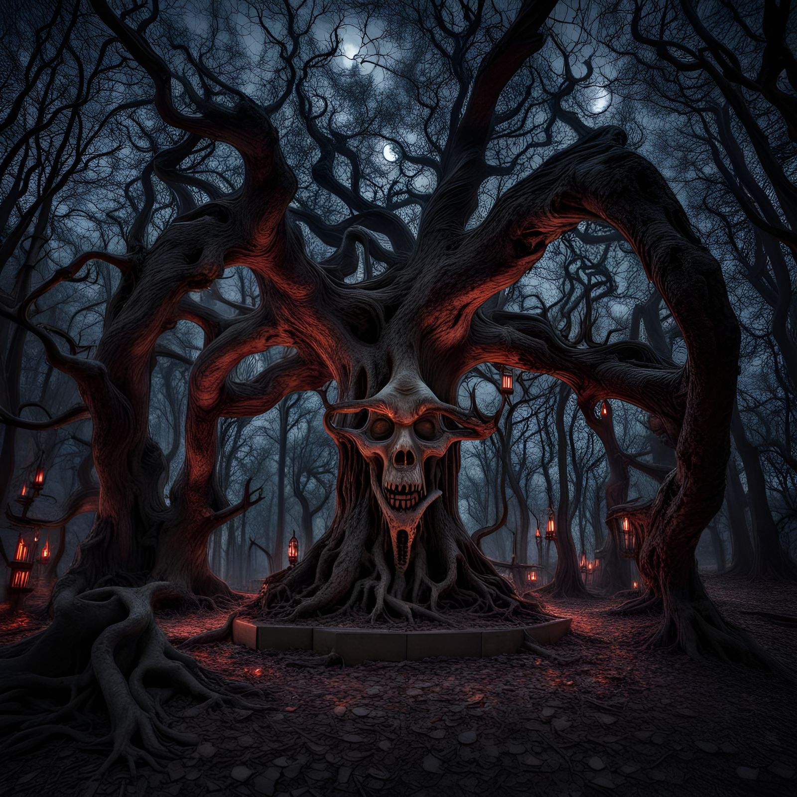 Creepy Satanic Temple and Graveyard at Midnight