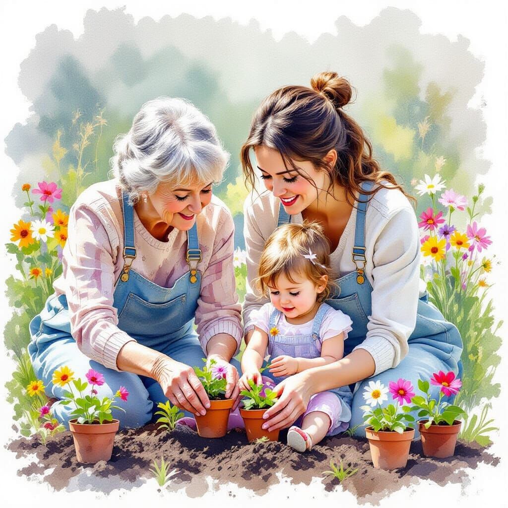 Three Generations Planting Garden in Soft Watercolour