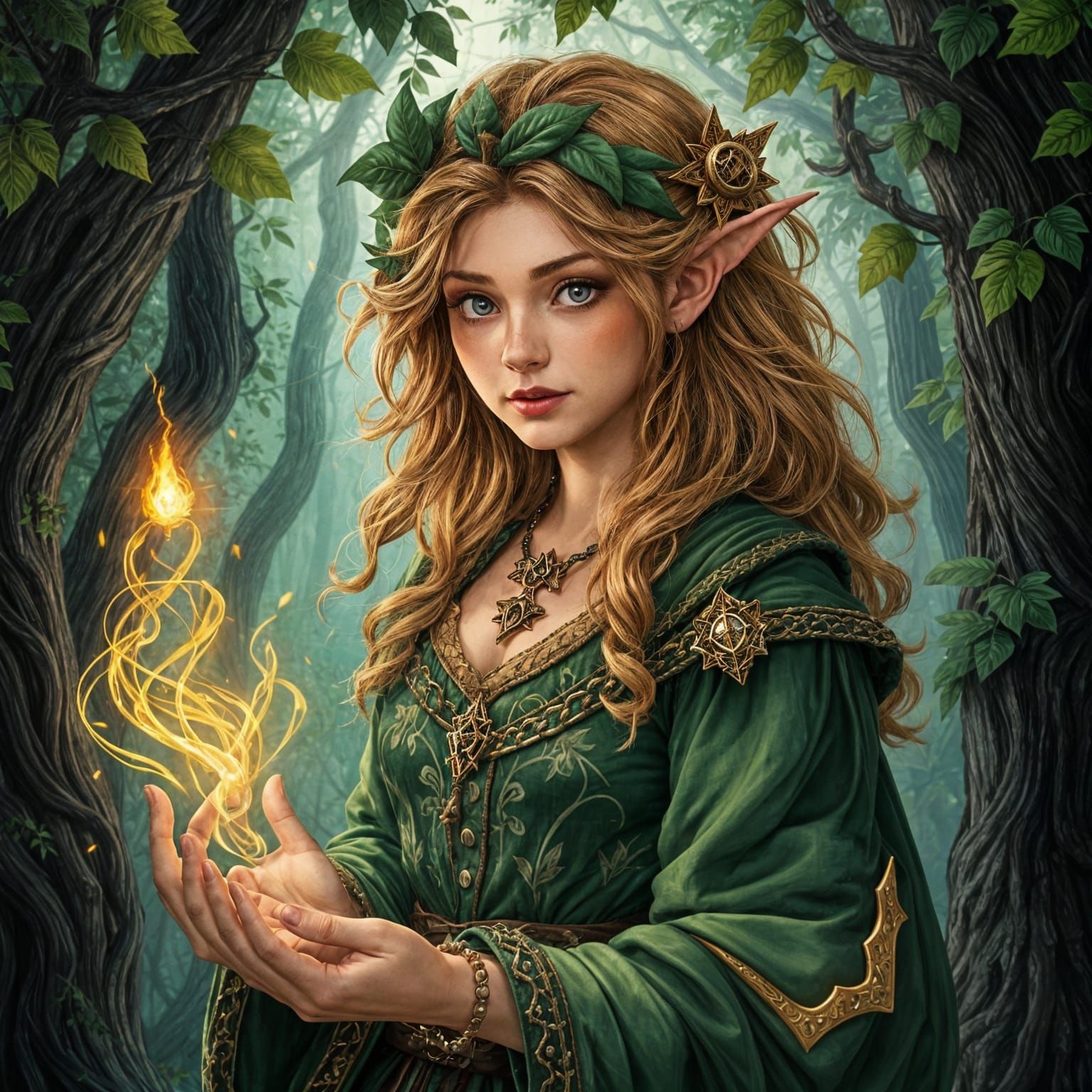 Halfling Sorceress Casting Spell in Forest, DnD Style