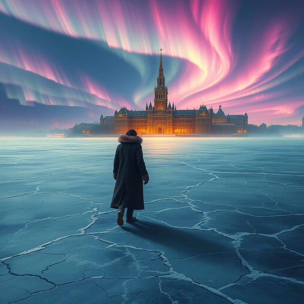 Mysterious Figure in Winter Wonderland with Gothic Cityscape