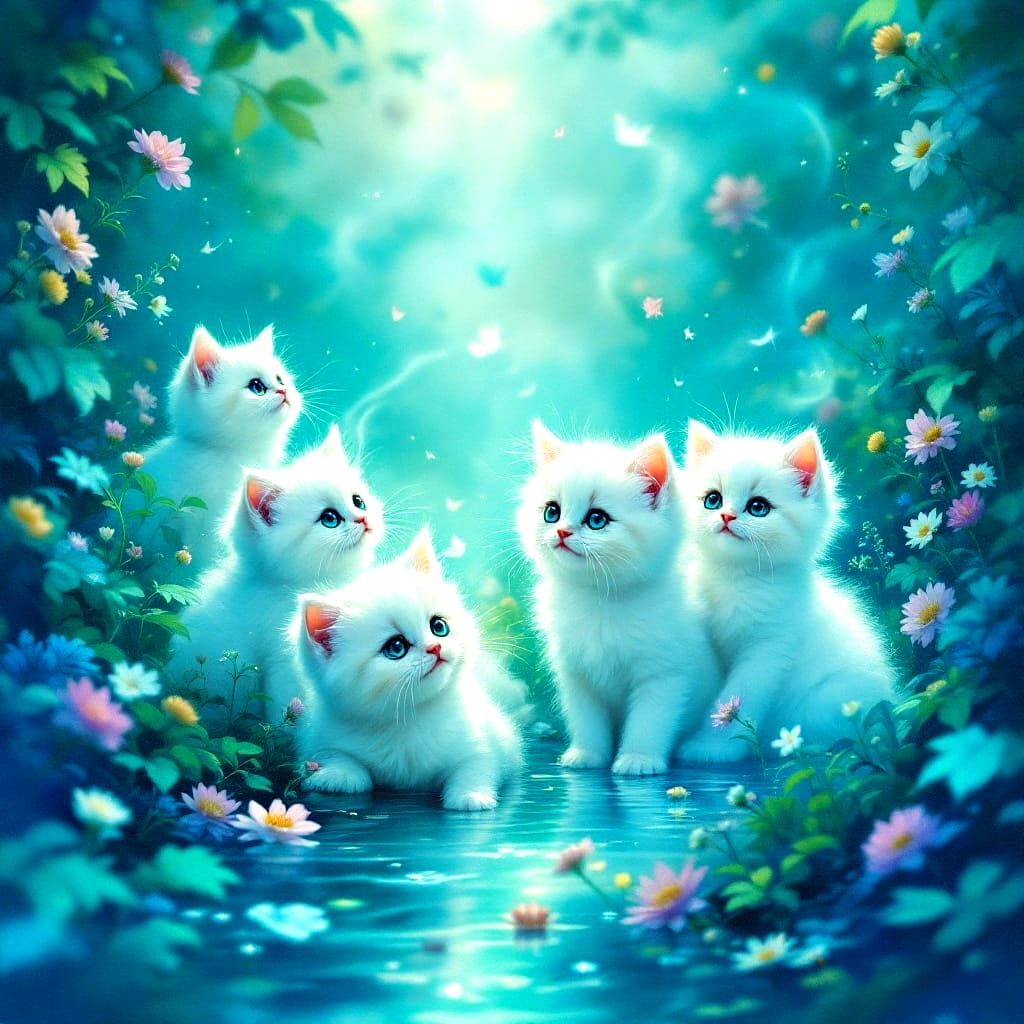 Turquoise Fantasy World with Kittens and Vibrant Blooms