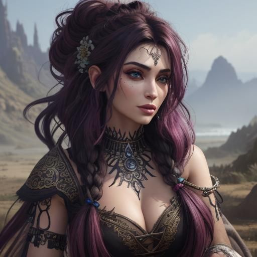 Punky Gypsy Woman with Cute Creature, Digital Oil Illustrati...